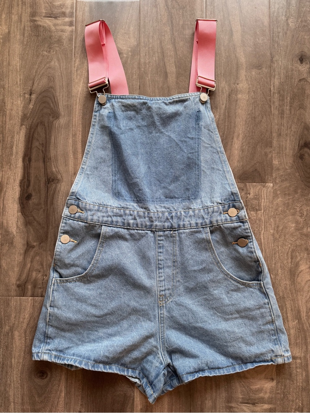 Cider Denim Short Overalls with Pink Adjustable Straps